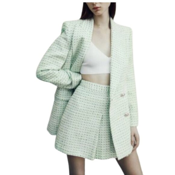 ZARA LIKE NEW pastel green tweed pleated mini skirt preppy academia size XS - Picture 1 of 7